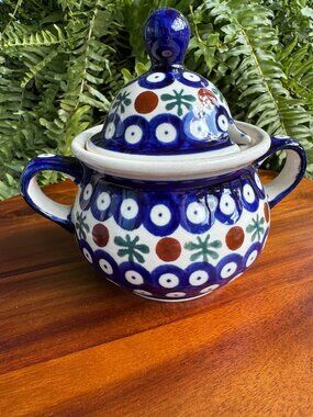Vintage Casa Country Polish Pottery Sugar Bowl with Lid, Blue & Brown Floral